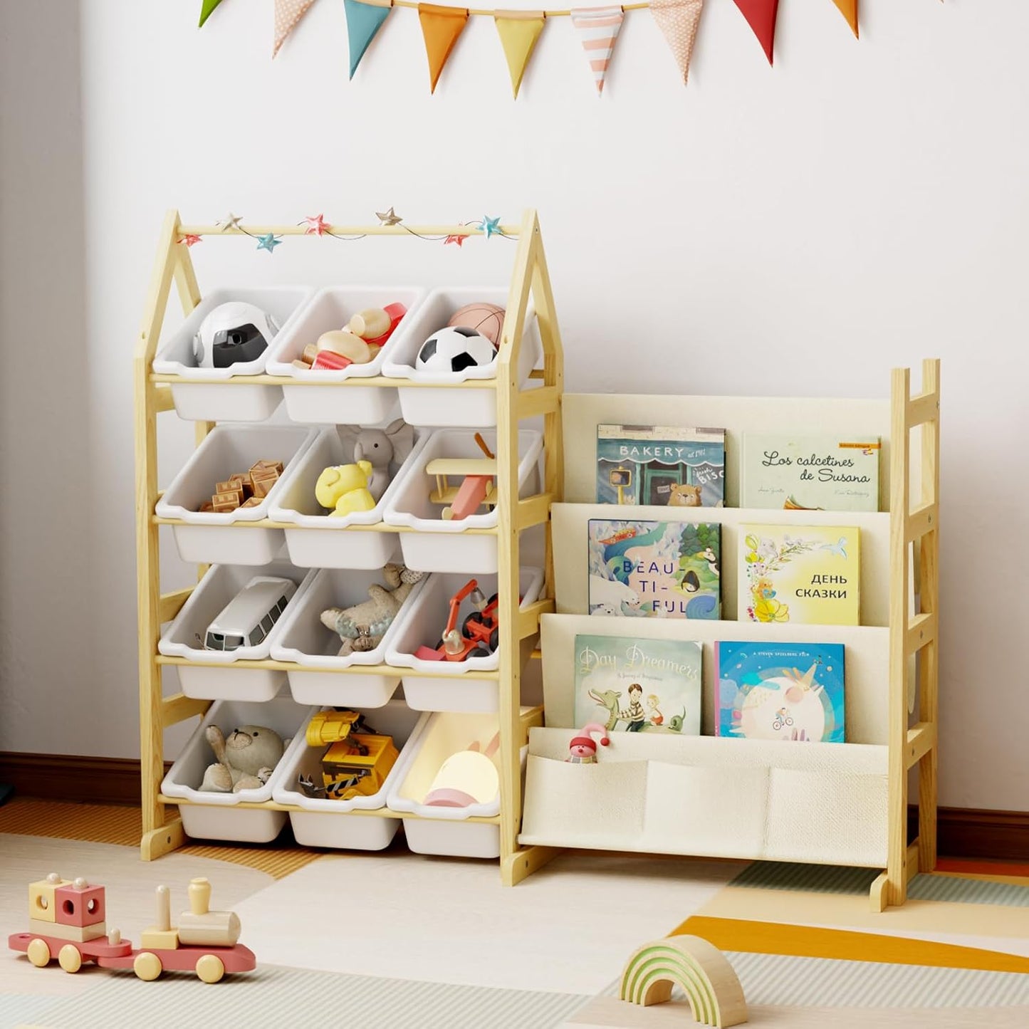 Wooden Toy Storage Organizer Kids Bookshelf, with 12 Toy Organizer Bins, Child Book Shelf for Kids Rooms, Nursery, Baby Room, Playroom, Montessori Toys Storage Organizers Rack Bookcase Shelves