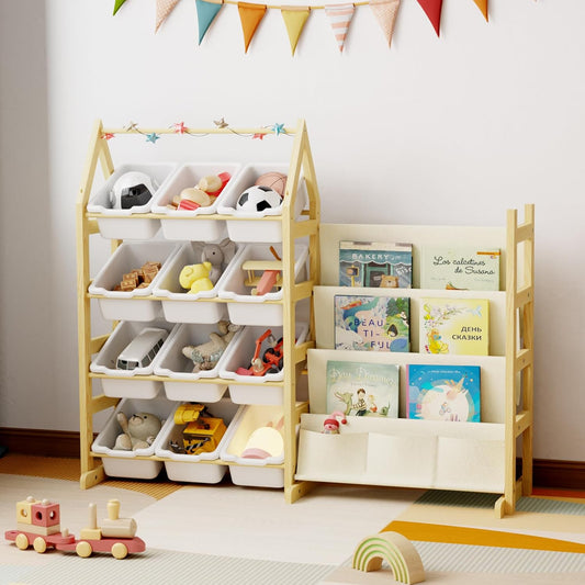 Wooden Toy Storage Organizer Kids Bookshelf, with 12 Toy Organizer Bins, Child Book Shelf for Kids Rooms, Nursery, Baby Room, Playroom, Montessori Toys Storage Organizers Rack Bookcase Shelves