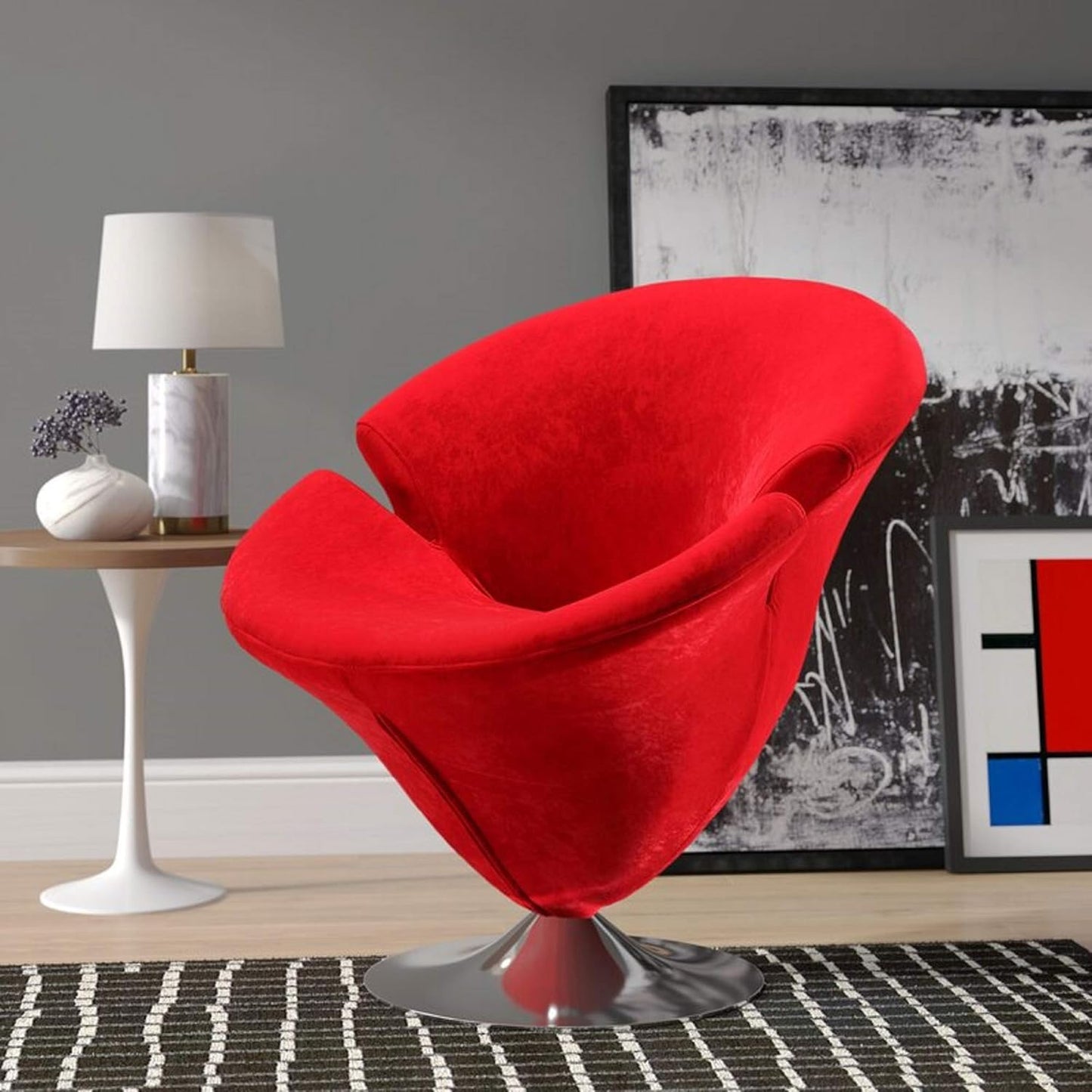 Manhattan Comfort Tulip Swivel Accent Chair with 360° Turn, Modern Flower Inspired Design, Soft Velvet Upholstery, Polished Chrome Base, No Assembly Required, 300 Lbs Capacity, Red