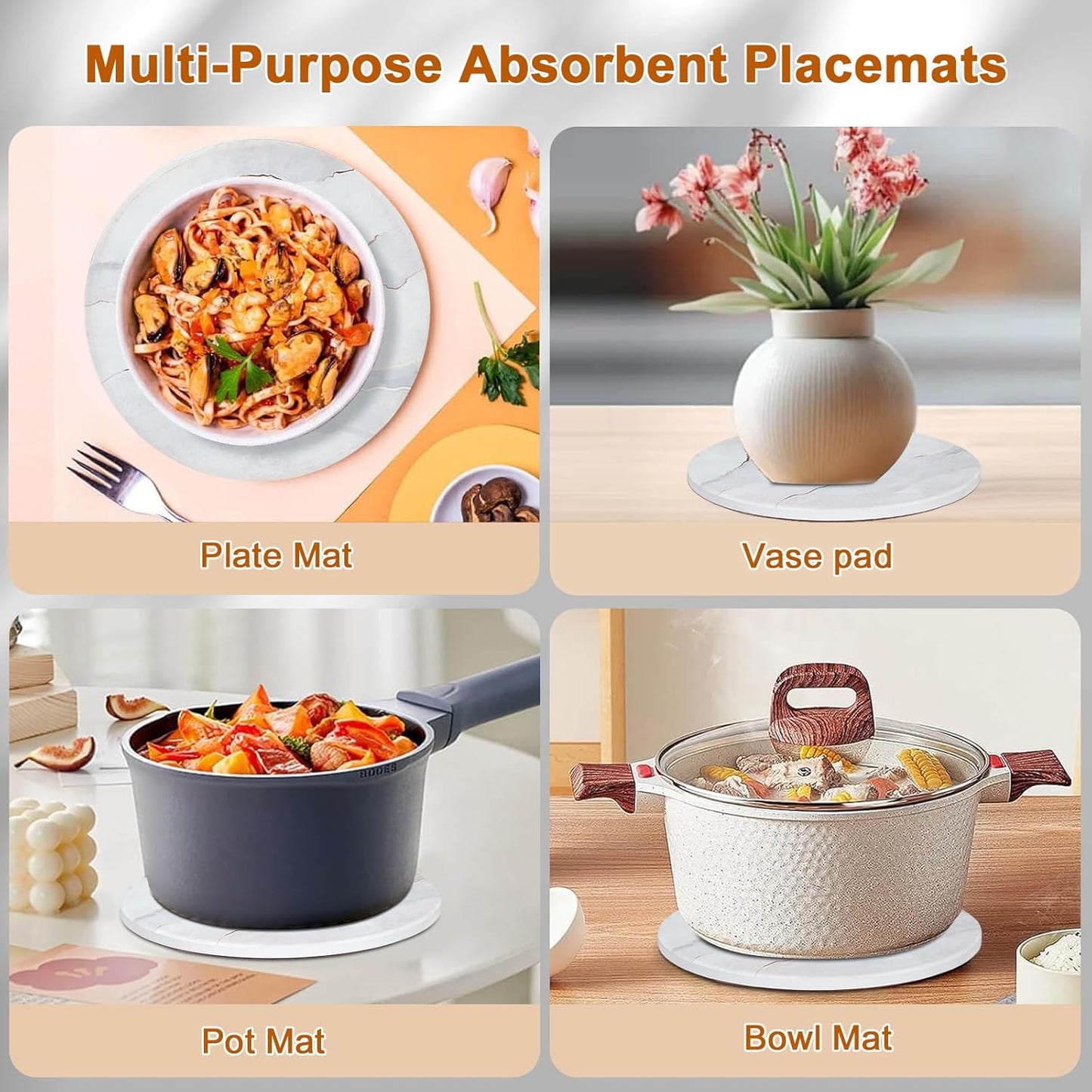 3-Pcs 7'' Ceramic Marble Style Trivet with Holder, Absorbent Trivets for Hot Dishes, Cork Bottom Anti-Slip Trivet Mats for Hot Pots and Pans