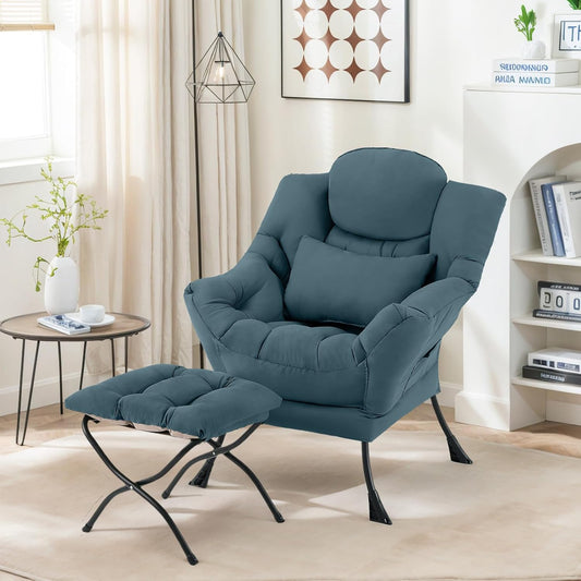Lazy Chair with Ottoman, Modern Lounge Chair with Lumbar Pillow, Accent Cozy Reading Armchair and Folding Footstool for Bedroom, Dorm, Living Room,Peacock Blue