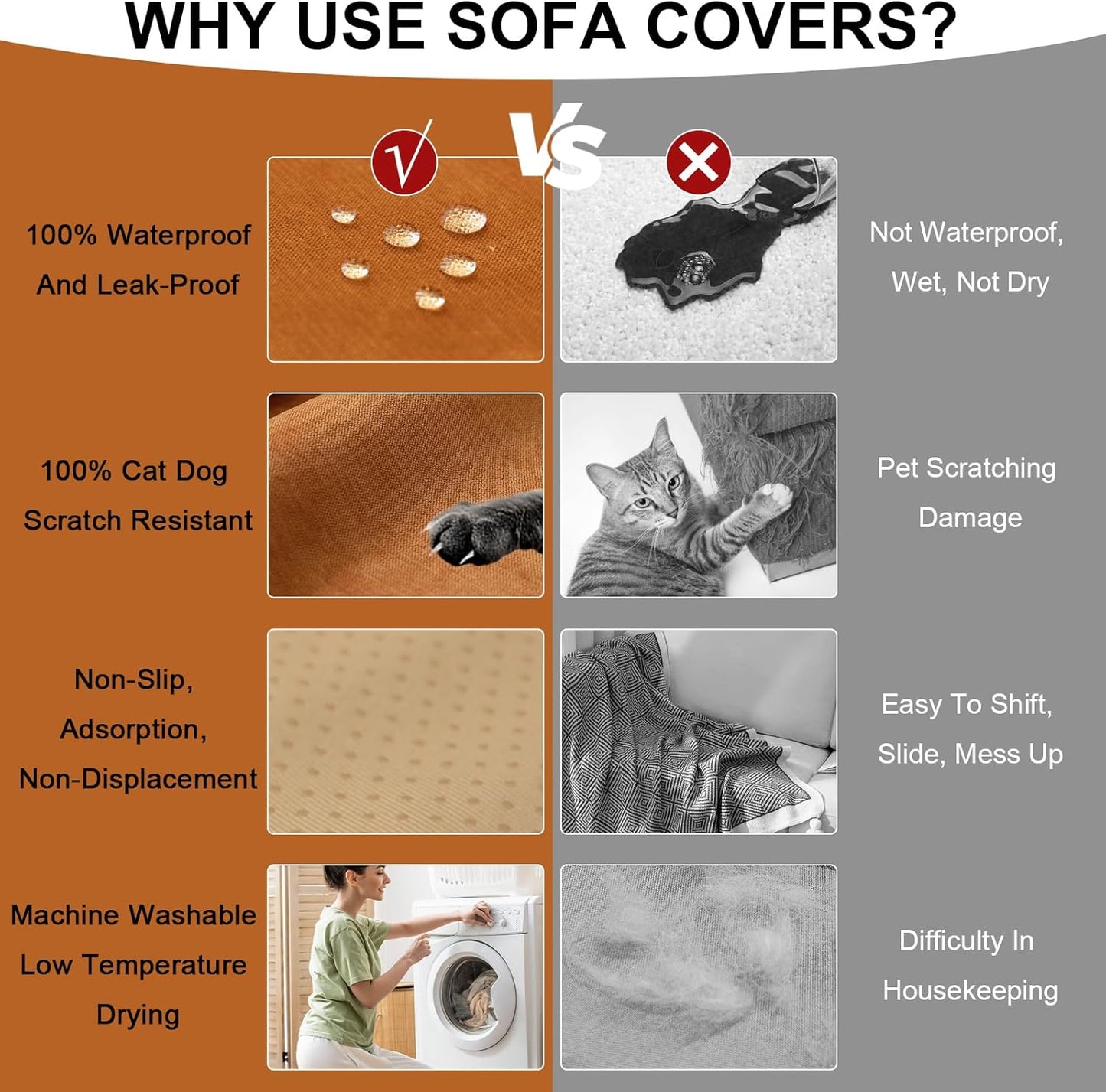 STACYPIK Waterproof Orange Sofa Cover Non-Slip Scratch Proof Couch Cover for Sectional Sofa Furniture Protector for 3 Cushion Couch Washable Pet-Friendly Thick Sofa Slipcover for Living Room-71X150IN