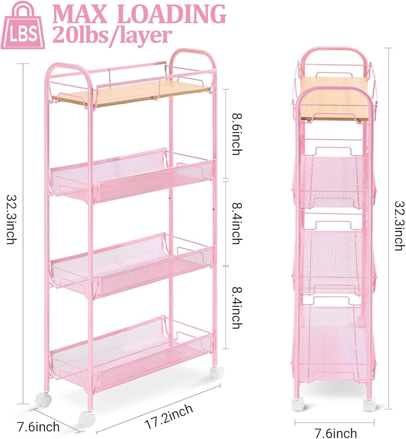 KINGRACK 4-Tier Slim Rolling Cart with Wooden Tabletop, Easy Assemble Metal Utility Cart, Slide Out Narrow Storage Cart for Narrow Space on Bedroom Bathroom Laundry Room Apartments Dormitory, Pink