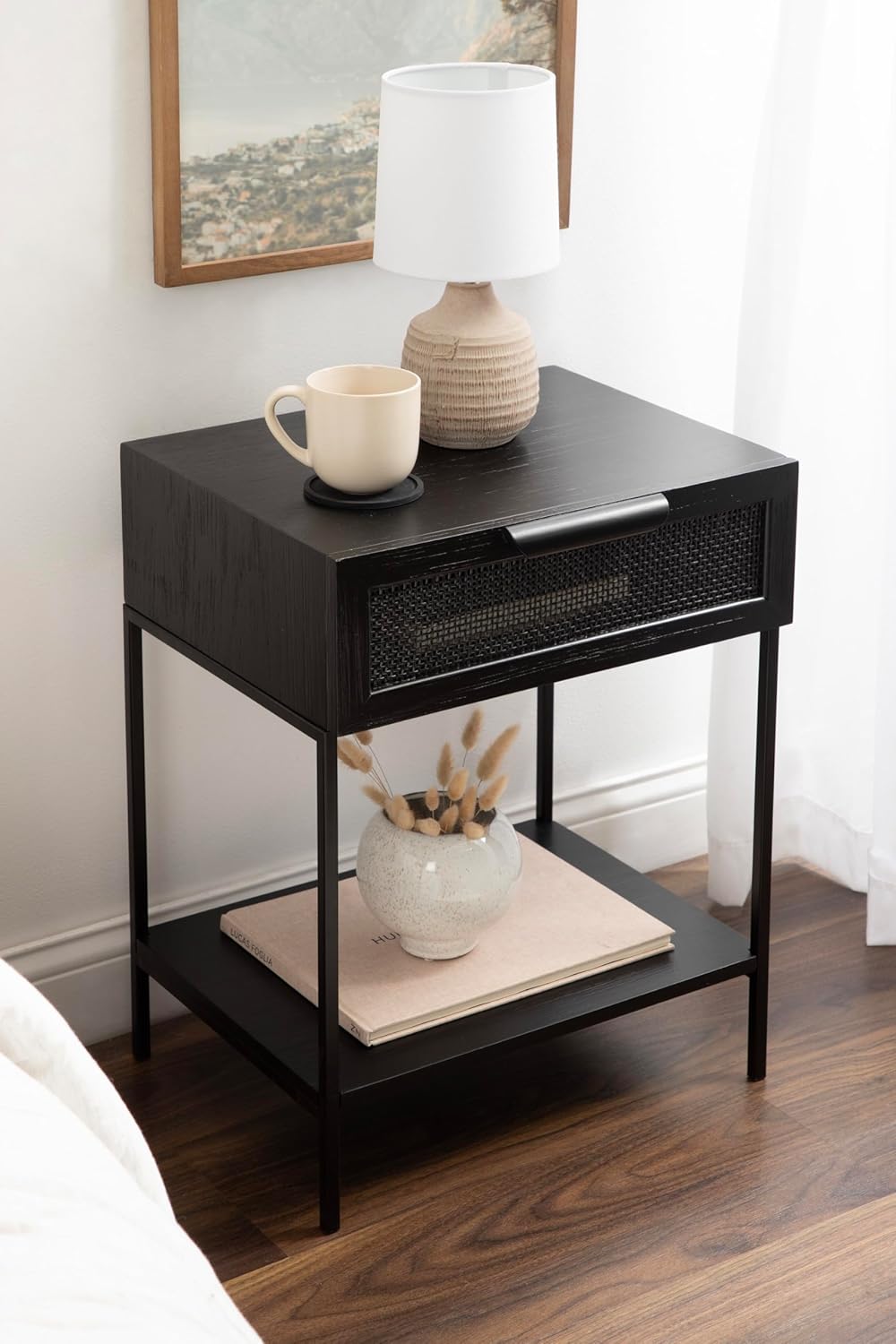 Kate and Laurel Ori Modern Cane Rectangle Side Table, 18 x 15 x 24, Black, Versatile Rattan Living Room End Table with Drawer for Storage and Home Decor