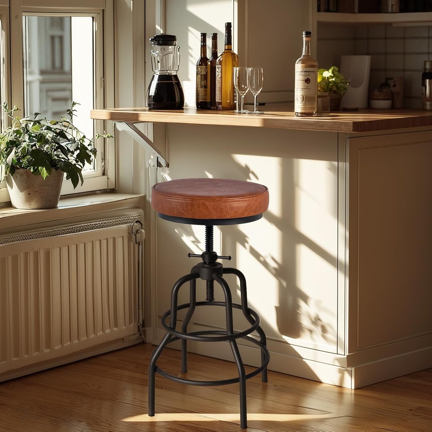 LOKKHAN Industrial Bar Stools-Swivel Leather Metal Bar Stool-20-27 Inch Tall Counter Height-Adjustable Kitchen Stool Dining Chair Cafe Stools (Set of 2)