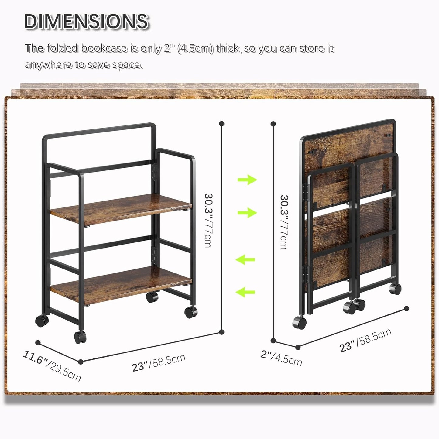 4NM 2 Tiers No-Assembly Folding Bookshelf with Wheels, Portable Rolling Storage Foldable Bookcase & Compact Side Table for Living Room, Bedroom, Kitchen, Bathroom (Rustic Brown and Black)
