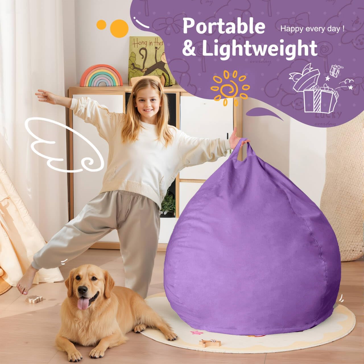 Homguava 2FT Bean Bag Chair: 2' Bean Bags with Memory Foam Filled,Comfy Beanbag Chairs Round Bean Bag Sofa with Dutch Velvet Cover-Purple