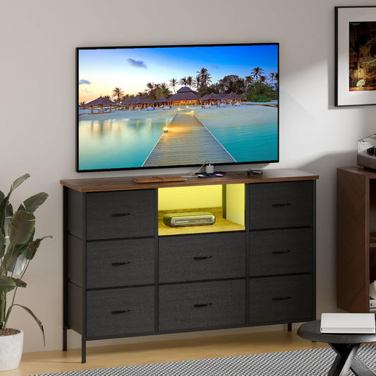 Black Dresser with LED Lights & Power Outlets, Dresser TV Stand with 8 Drawers for 55" TV, Fabric Chest of Drawers for Bedroom, Living Room, Entryway