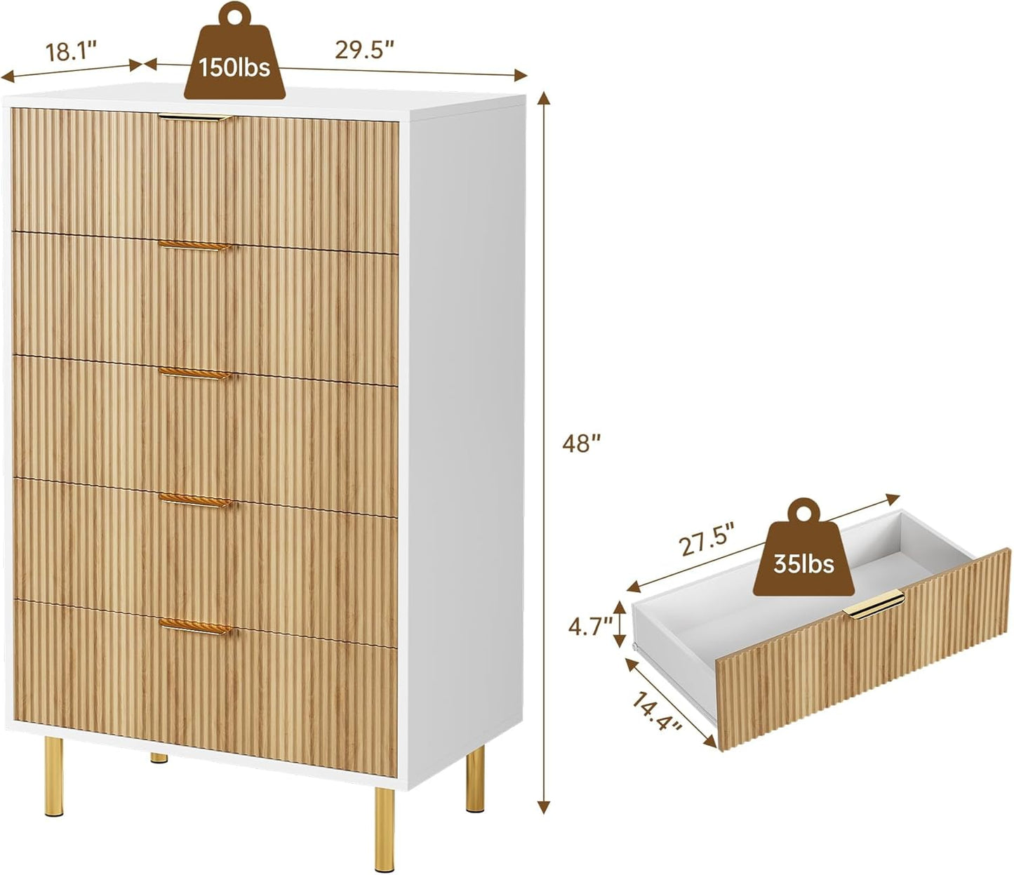 Natural Dresser, Modern 5 Drawer Dresser for Bedroom with Gold Handle and Large Drawer, Wood Double Chest of Drawers and Storage Organizer for Living Room, Hallway, Entryway