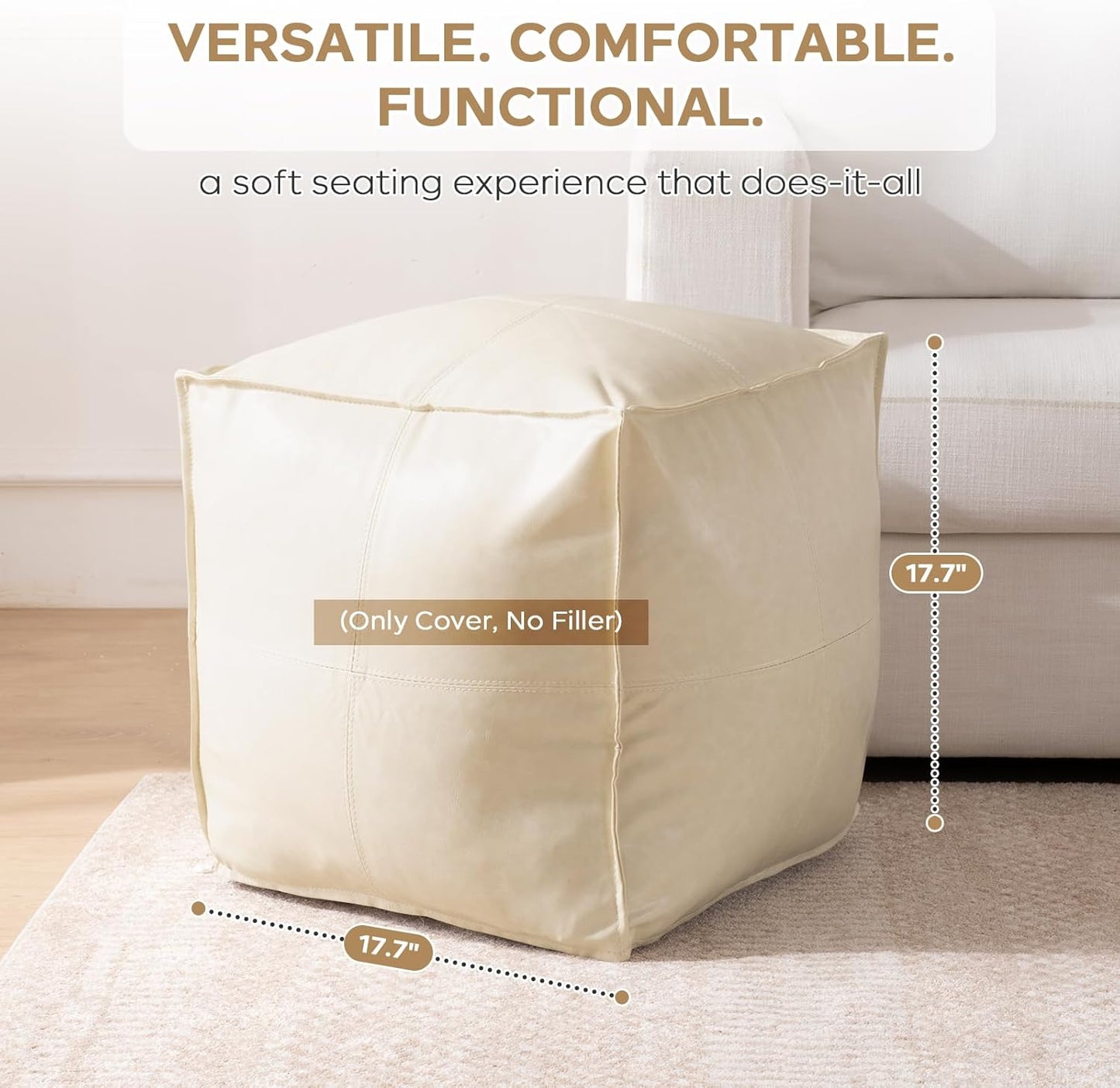 17.7" Square Unstuffed Pouf Ottoman Cover (Only Cover No Filler), Pu Leather Poufs Cube Foot Stool Poofy Ottomans Footrest, Casual Footstool for Living Room, Perfect to Rest Your Feet, Beige