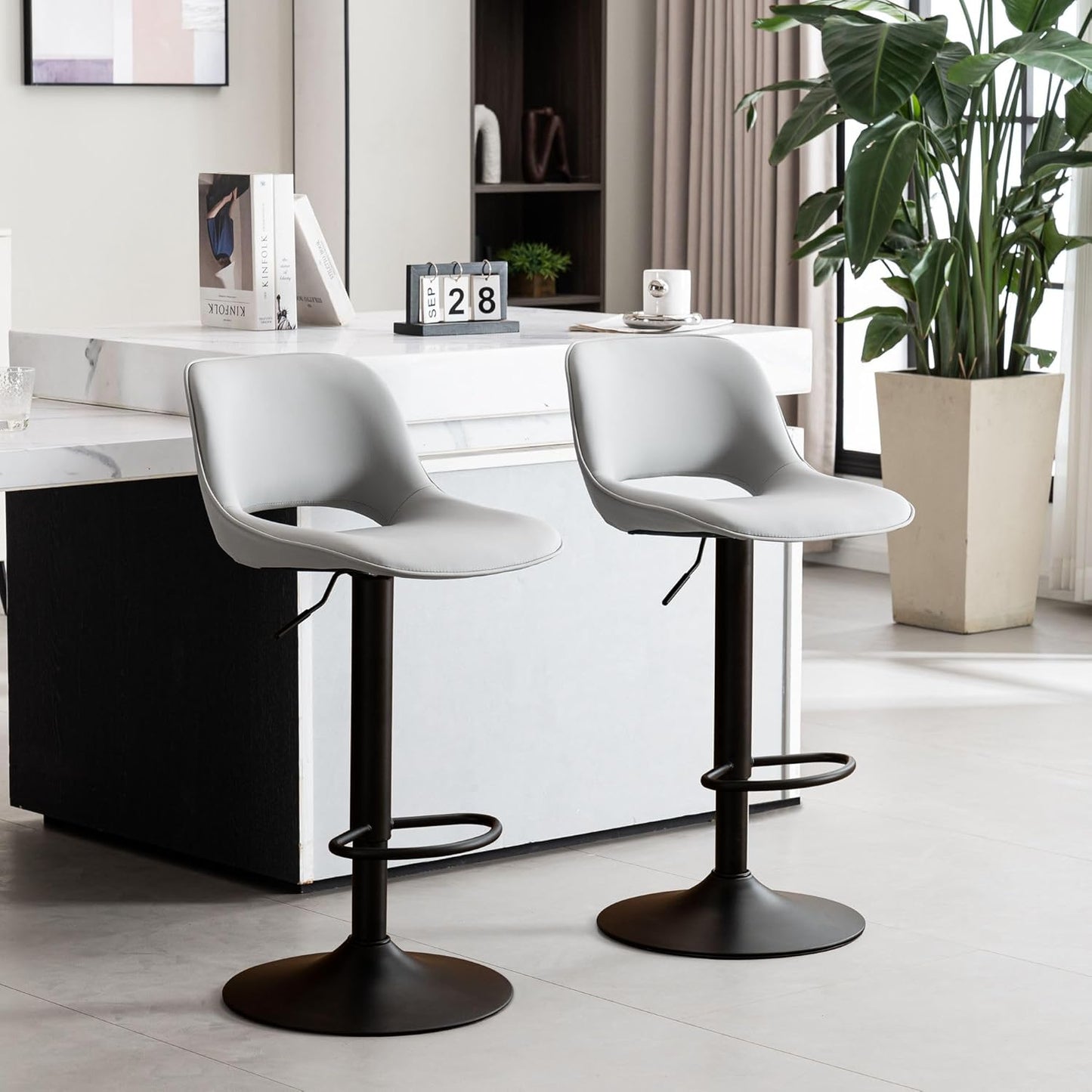 YOUNIKE Bar Stools Set of 2 Modern Swivel Barstools, Adjustable Counter Height Bar Stools Faux Leather Upholstered Counter Stools with Hollow Back for Kitchen Island, Grey