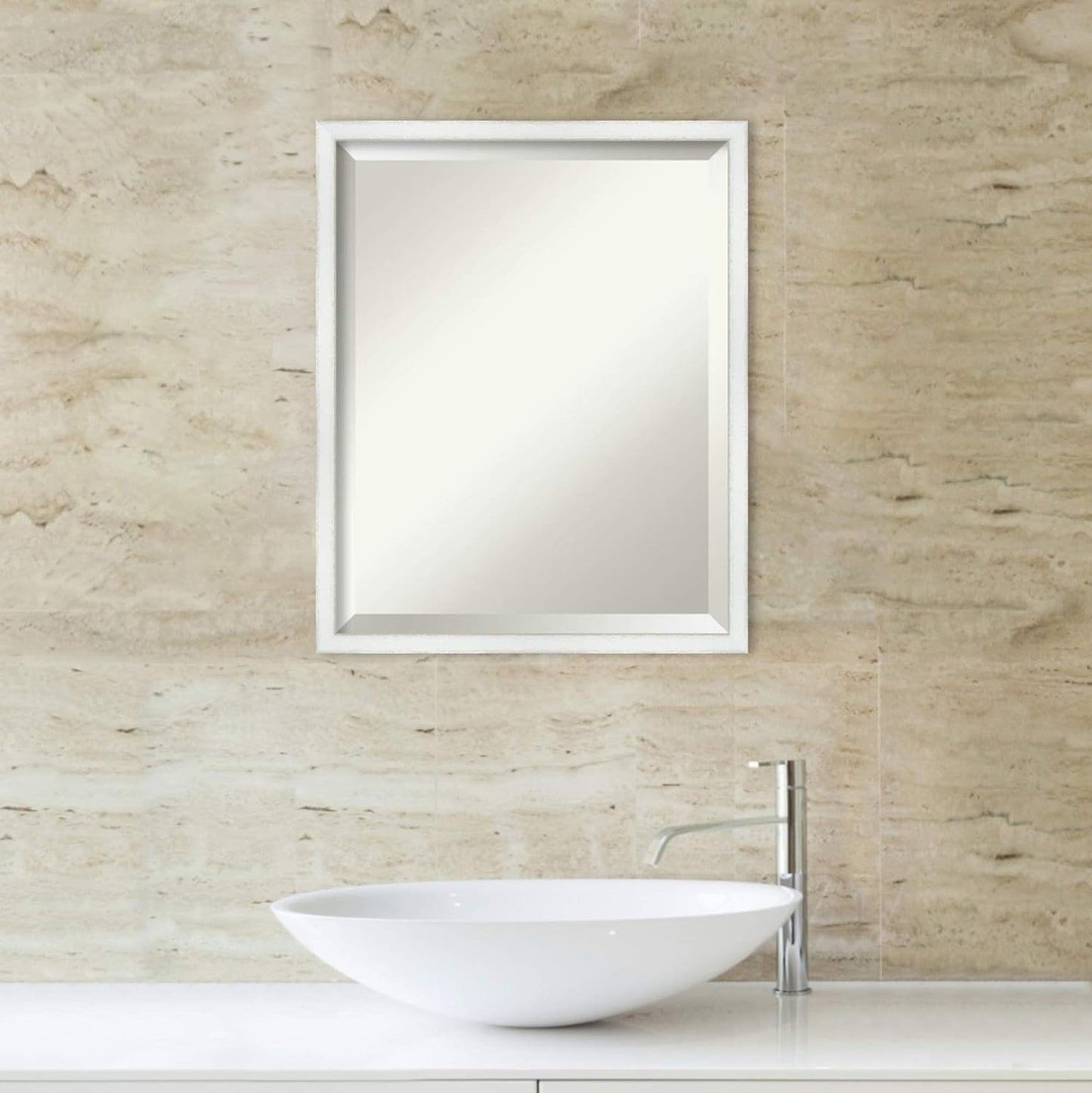 Amanti Art White Bathroom Mirror for Over Sink, 21x17 Breeze Distressed White Rectangle Vanity Mirror, Small Country Rustic Wood Frame, Hangs Horizonally and Vertically, Bathroom Wall Decor, Beveled