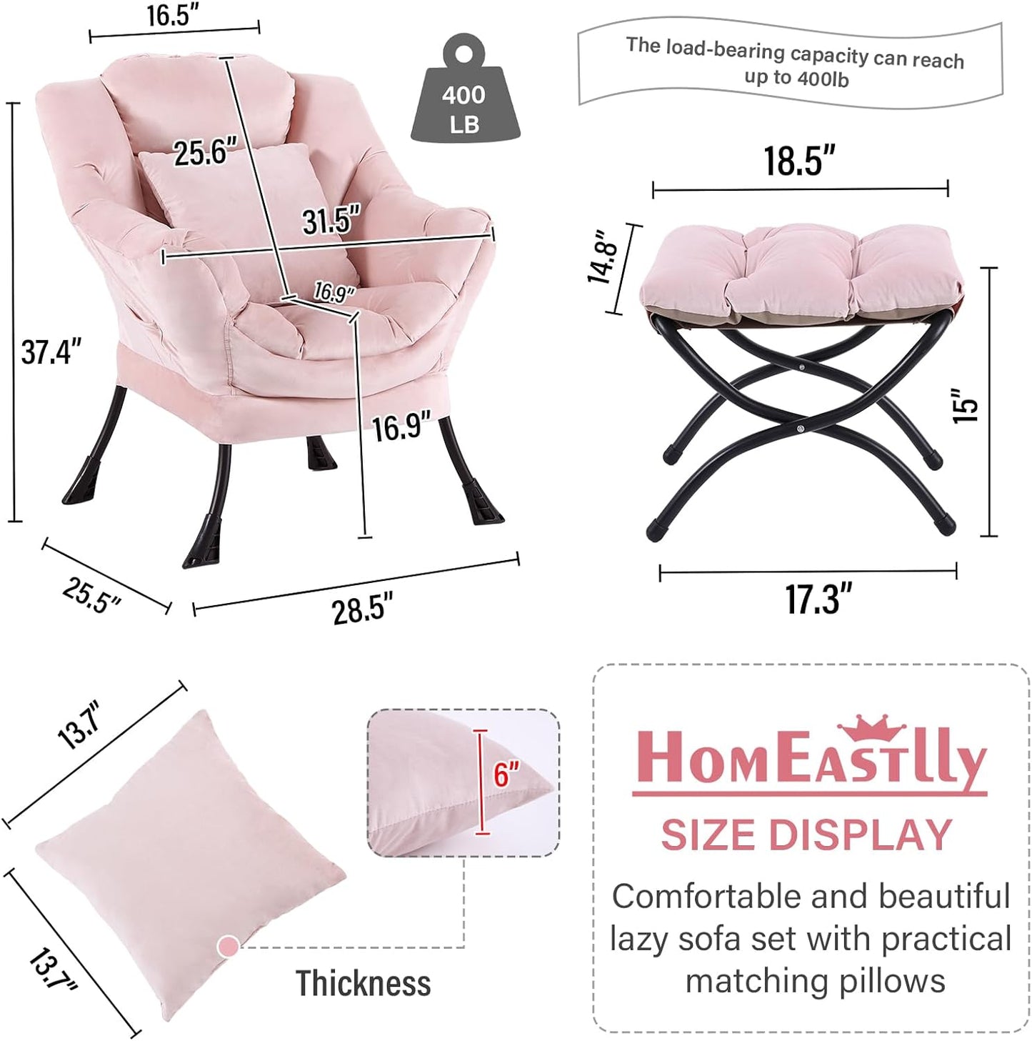 Large Lazy Chair with Ottoman, Accent Reading Chair with a Throw Pillow, Cozy Lounge Armchair, Leisure Sofa Chair for Living Room, Bedroom, Dorm, Velvet Pink