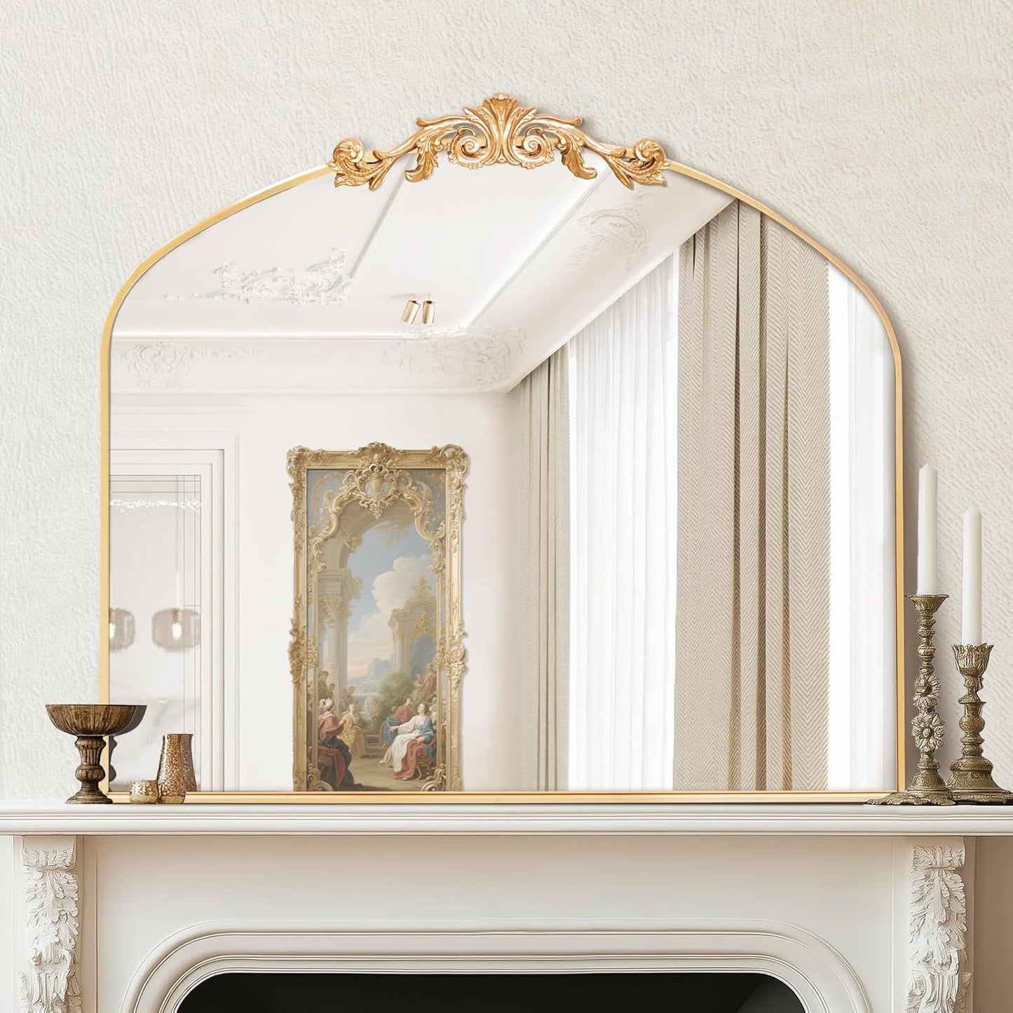 MISSDAY Vintage Gold Baroque Mirror for Wall, 36"X30" Arched Antique Wall Mirror with Elegant Carving Top, Full Metal Frame Wall-Mounted Mirror for Bathroom, Living Room, Fireplace, Entryway, Hallway