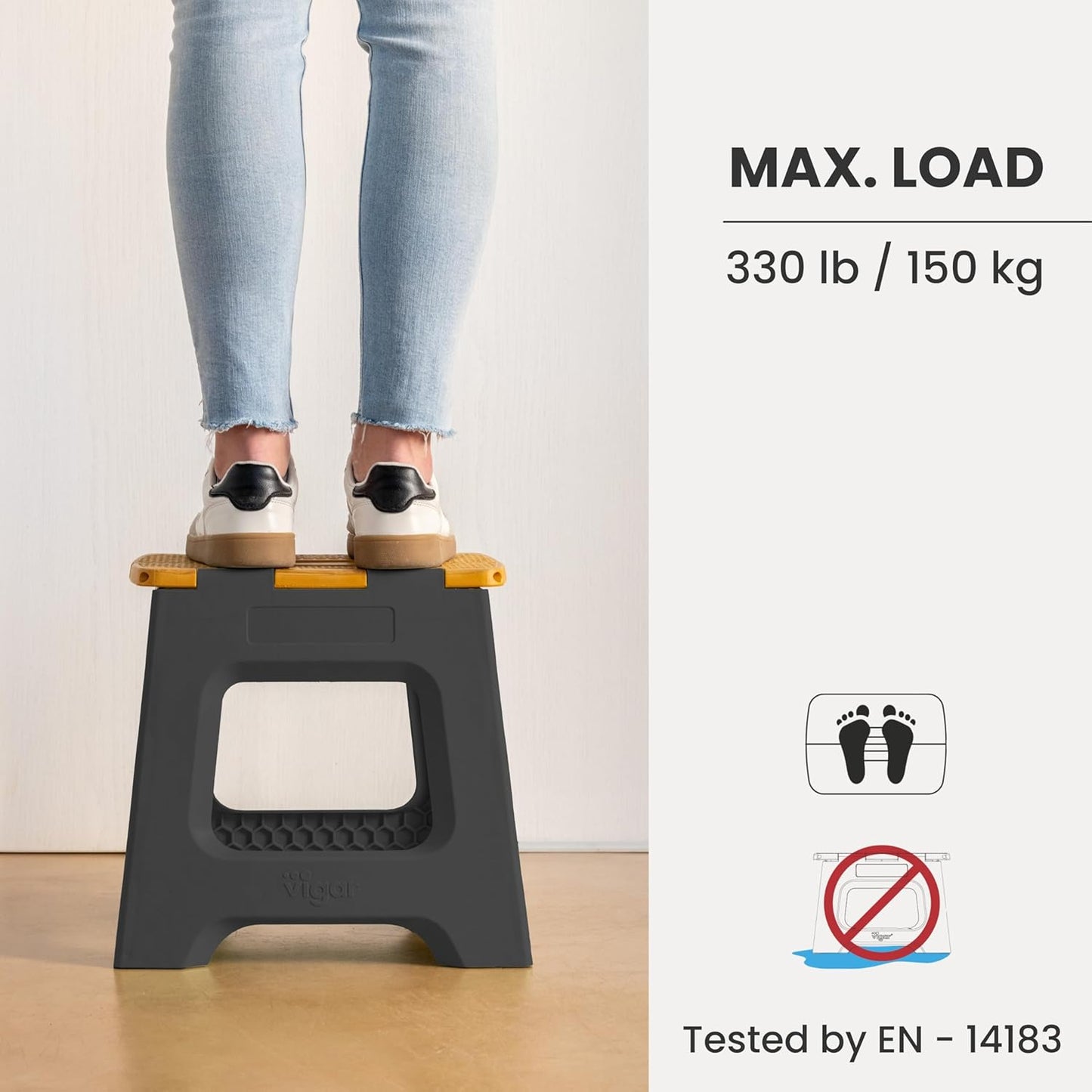 Vigar Compact Step Stool Foldable, 12-1/2-inch Step Stools for Adults up to 330 Pound, Lightweight Stool, Non-Slip Folding Step Stool, Black, Bamboo Print on Top