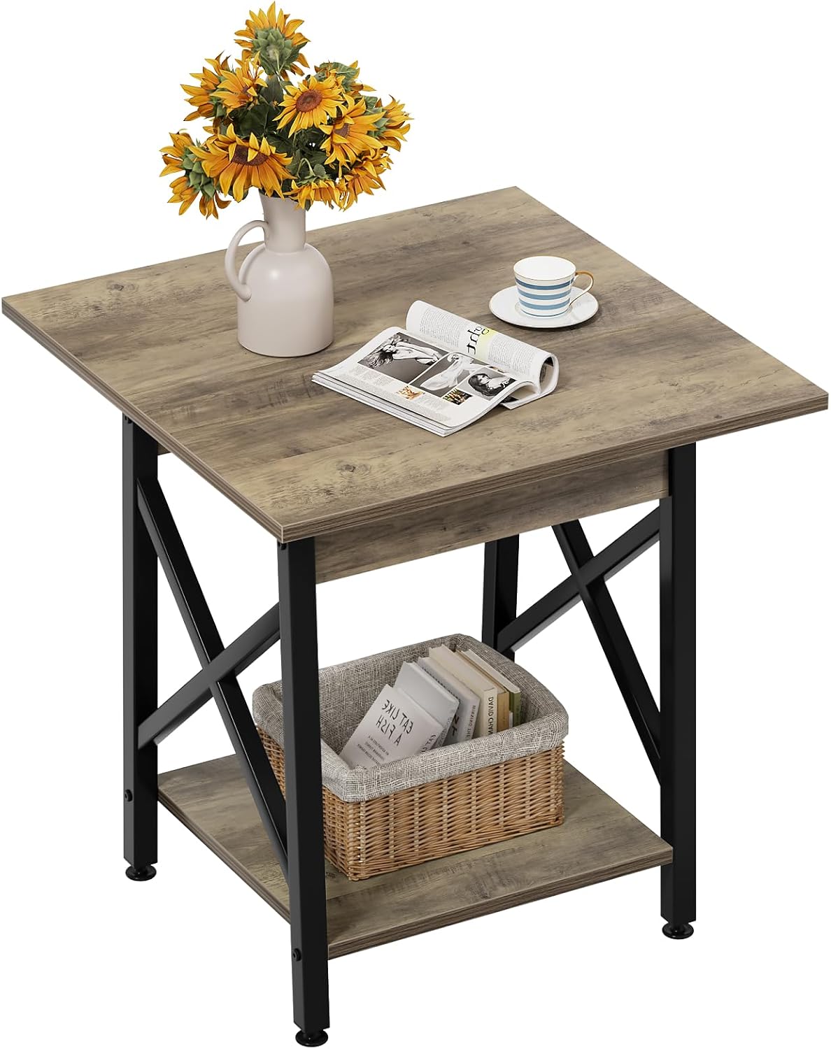 GreenForest End Table 24 inch for Living Room, Large Square Side Tables with X-Frame, Tall Industrial Bedside Nightstand with 2-Tier Storage, Gray Wash