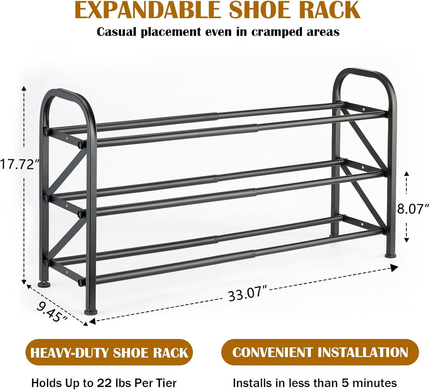 3-Tier Expandable Shoe Rack for Closet，Adjustable Shoe Rack，Black Metal Free Standing Shoe Rack for Entryway Closet Doorway