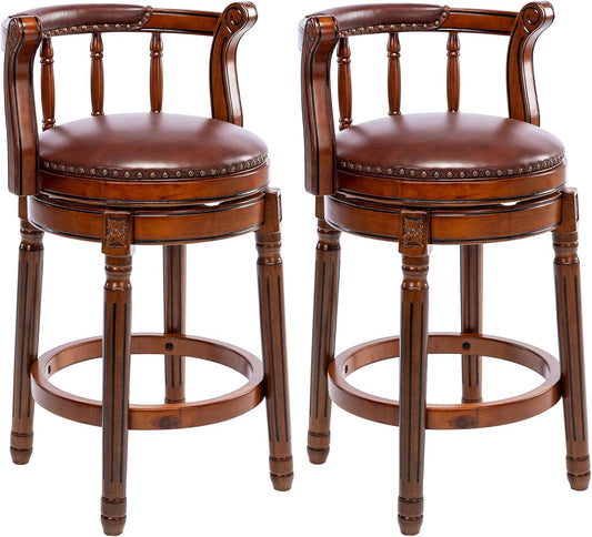 Cow top Leather Wooden Bar Stools, 360 Degree Swivel Bar Height Chair with Backs for Home Kitchen Counter, Morden Chair Barstools (Brown 2pcs, Counter Height-Seat Height 26”)