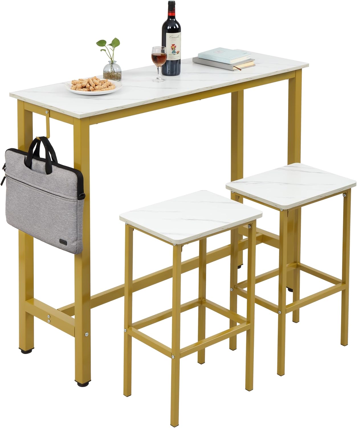 Finnhomy Bar Table Set, 47" Pub Table High Top Table, Rectangular Bar Height Table, Bar Table with Stools, Kitchen Table Set for 2, Industrial Breakfast for Kitchen, Living Room, Gold