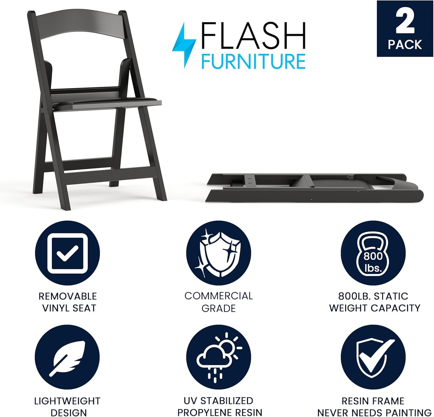 Flash Furniture Hercules Series Folding Chair - Black Resin - 2 Pack 800LB Weight Capacity Comfortable Event Chair - Light Weight Folding Chair
