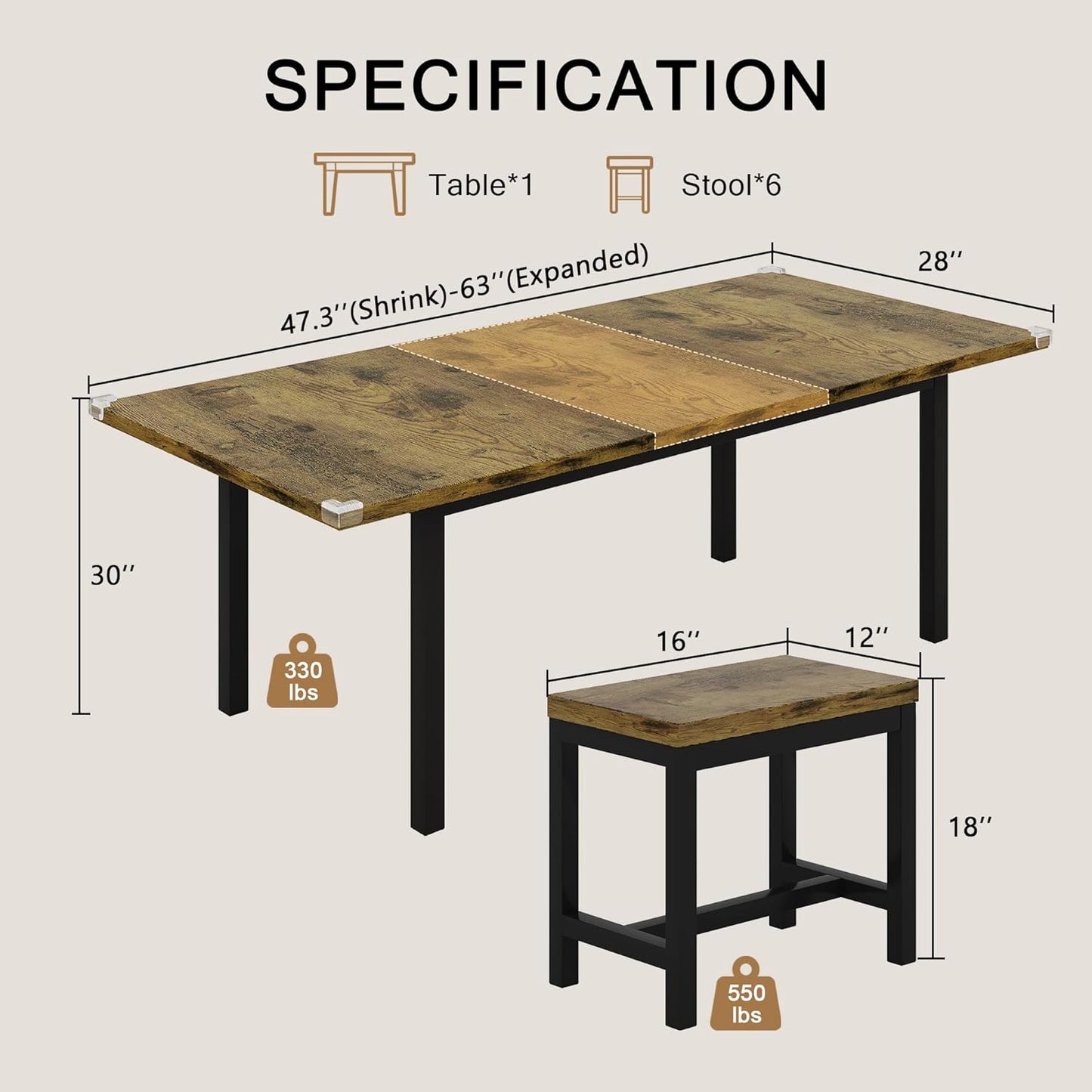 7-Piece Dining Table Set, 63" Extendable Kitchen Room Table with 6 Stools, Mid Century Modern Dinner Table with Metal Frame & MDF Board, Space-Saving, Easy Assembly, Rustic Brown