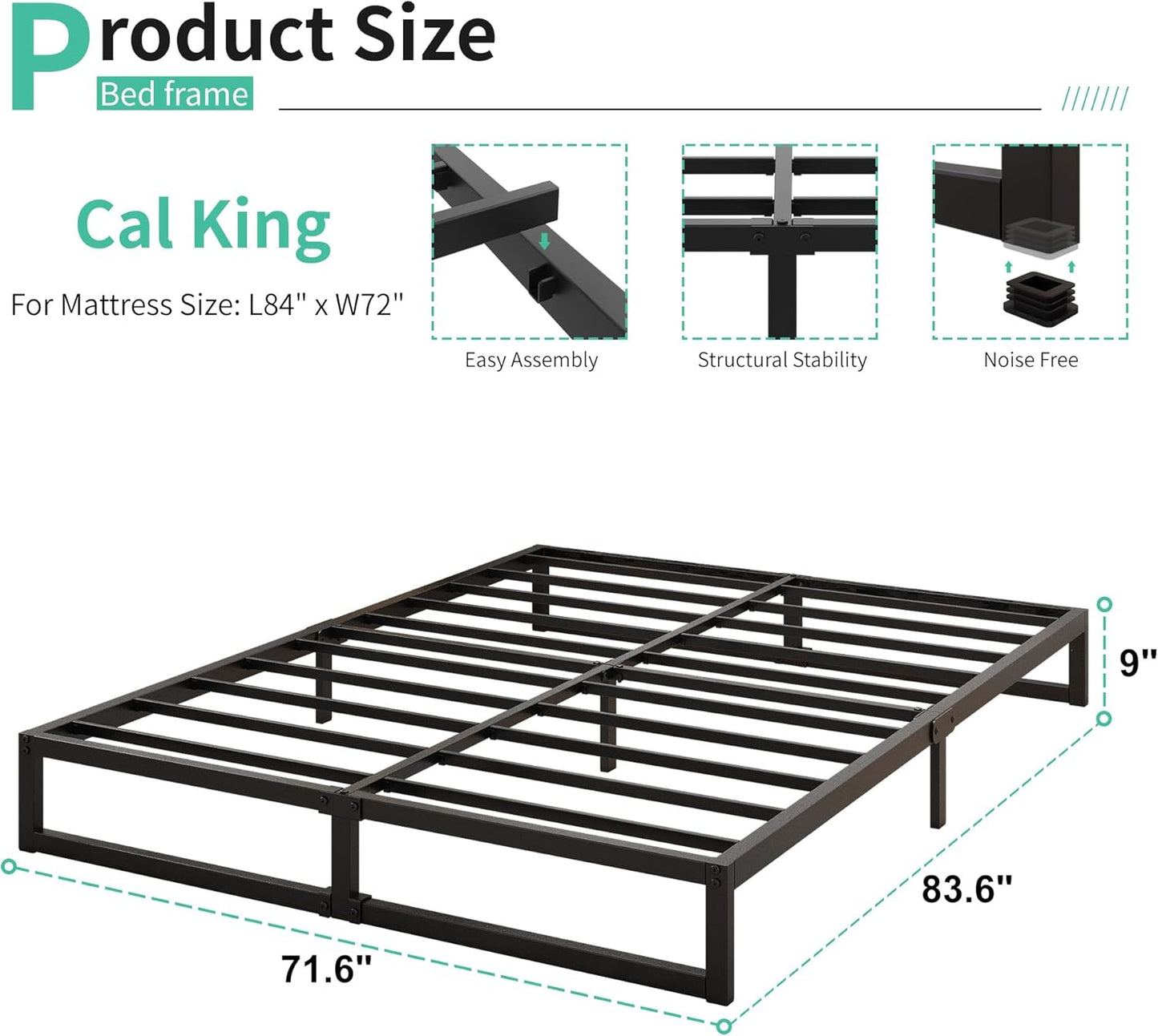 9 Inch California King Bed Frames No Box Spring Needed Heavy Duty Metal Cal King Platform for Mattress Foundation, Noise Free, Easy Assembly, Black