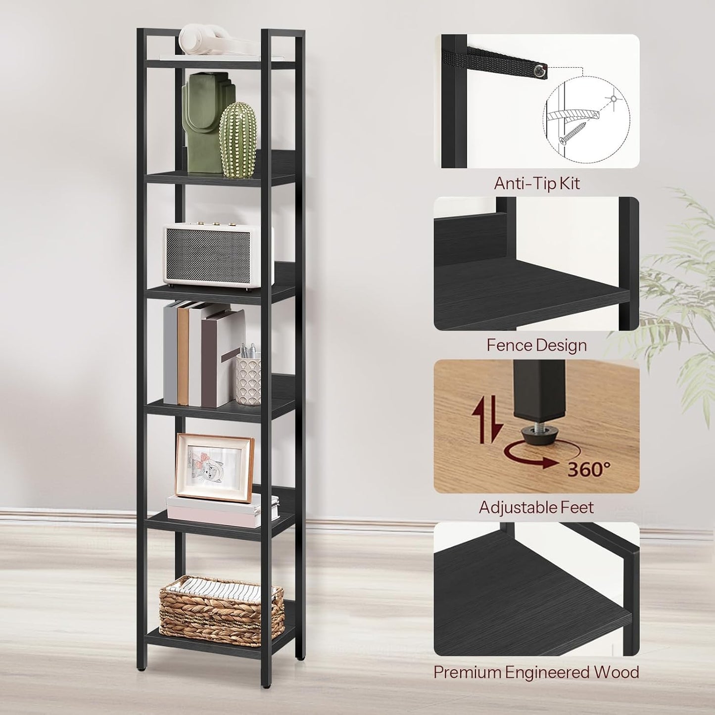 Bookshelf, 6-Tier Bookcase, Standing Book Shelf for Small Space, Storage Shelf Organizer, for Living Room, Bedroom, Study, Balcony, Black BKHB6601