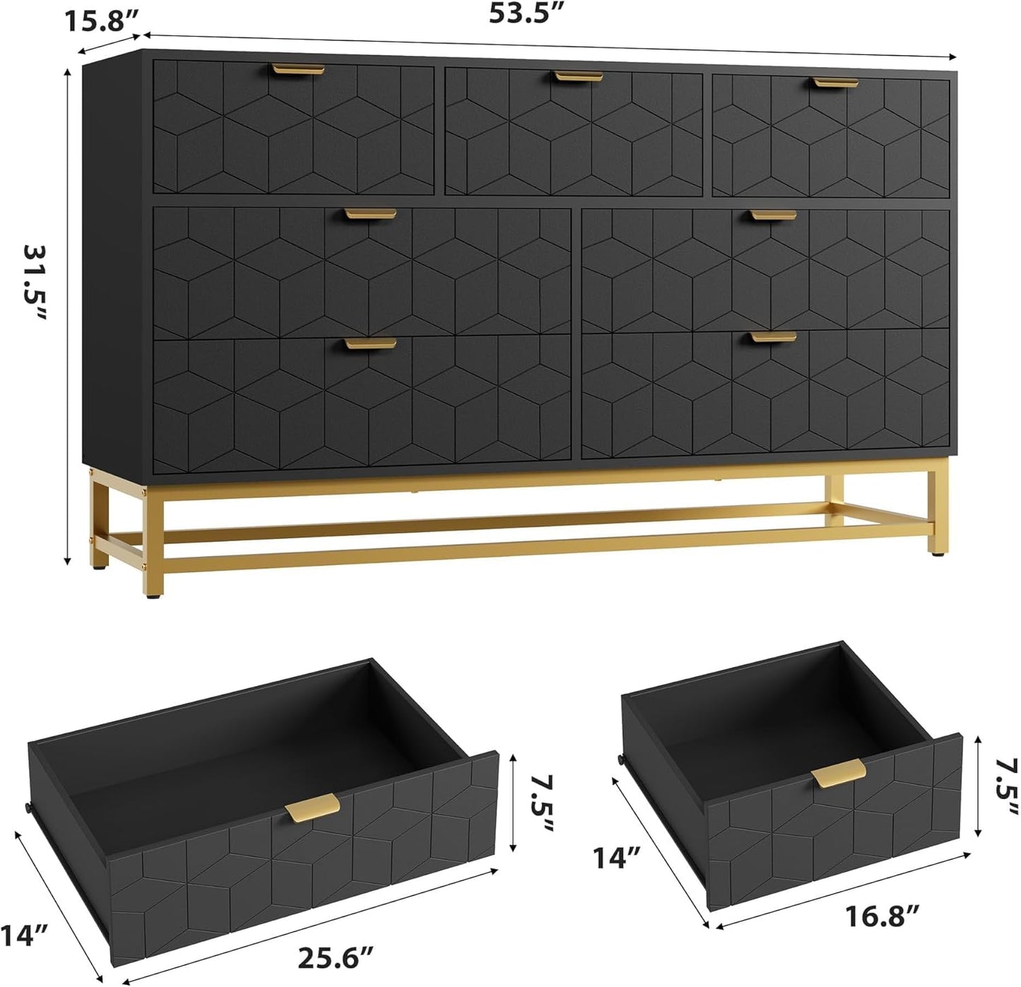 GAOMON Dresser for Bedroom, 53.5" Wide Dresser Organizer, 7 Drawer with Golden Metal Handle and Legs, Modern Chest of Drawers for Closet, Hallway, Living Room, Entryway, Black