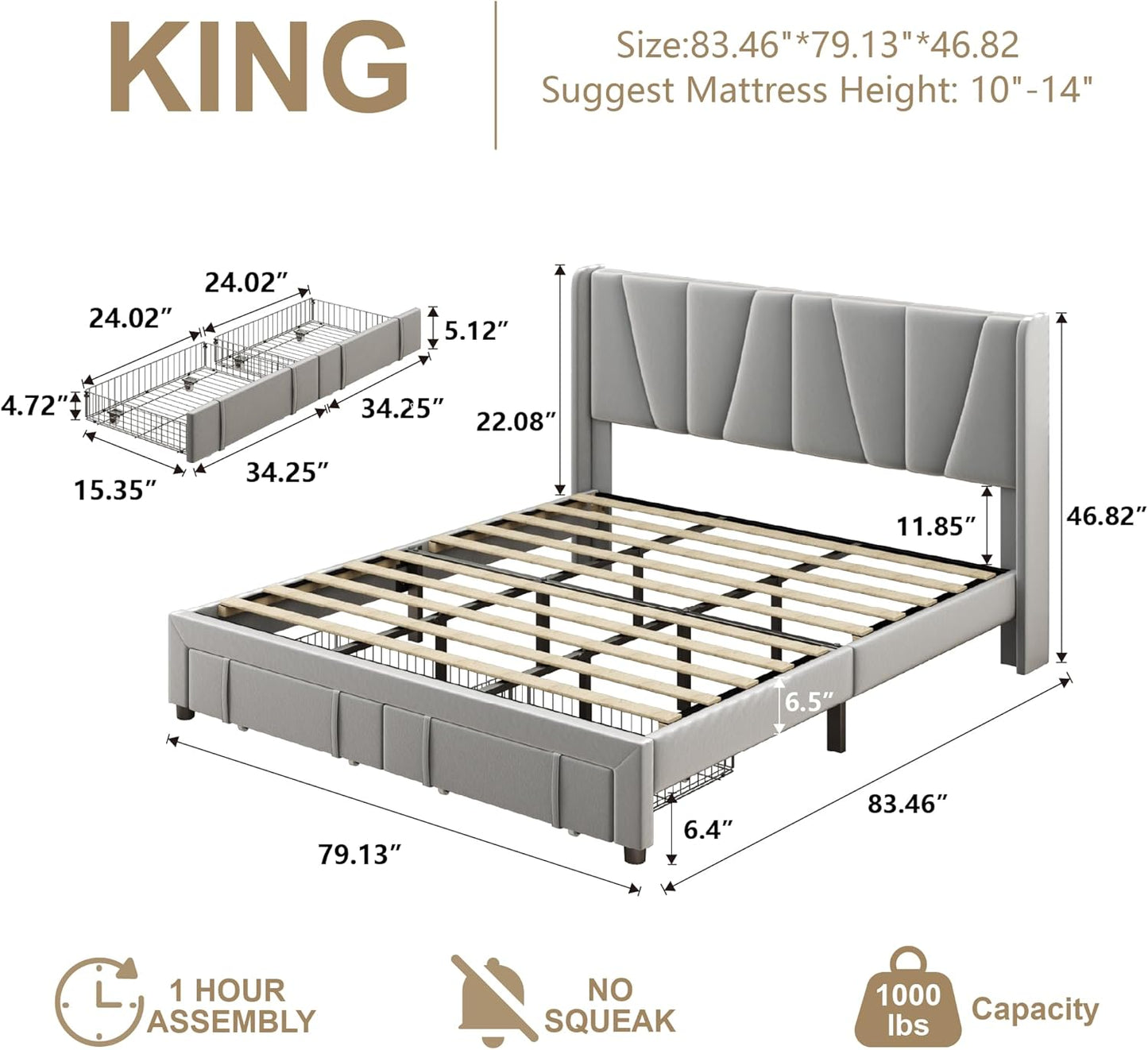 King Bed Frame with Storage Drawers, Upholstered Platform Bed with Headboard and Wingboard, No Box Spring Needed, NO Noise, Easy Assembly, Wooden Support Slats,Light Grey