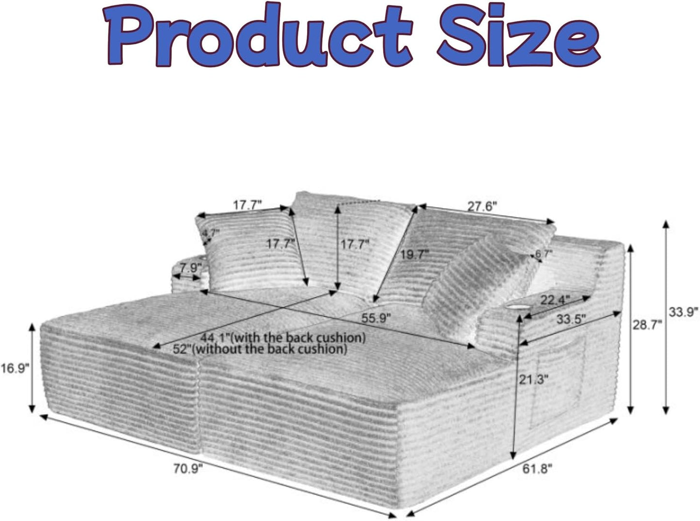 Oversized Sectional Double Chaise Lounge, Compressed Boneless Lounge Chaise with Cupholders, Boneless Sofa with Deep Seat, Fluffy Modern Sleeper Loveseat for Indoor Living Room, Blue