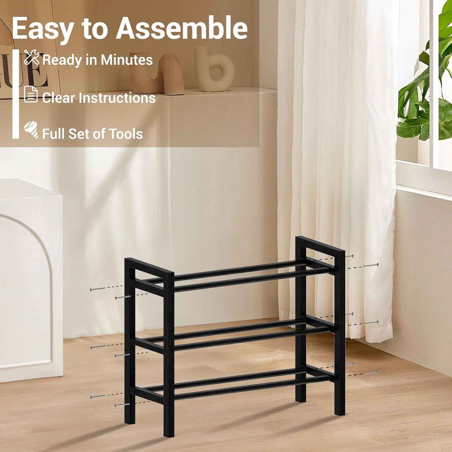 Haddockway Bamboo Shoe Rack for Closet, Free Standing Shoe Organizer with Smooth Round Rods & Convenient Handles, Stackable Shoe Storage Shelf for Entryway, Hallway(Black, 3-Tier(Small))