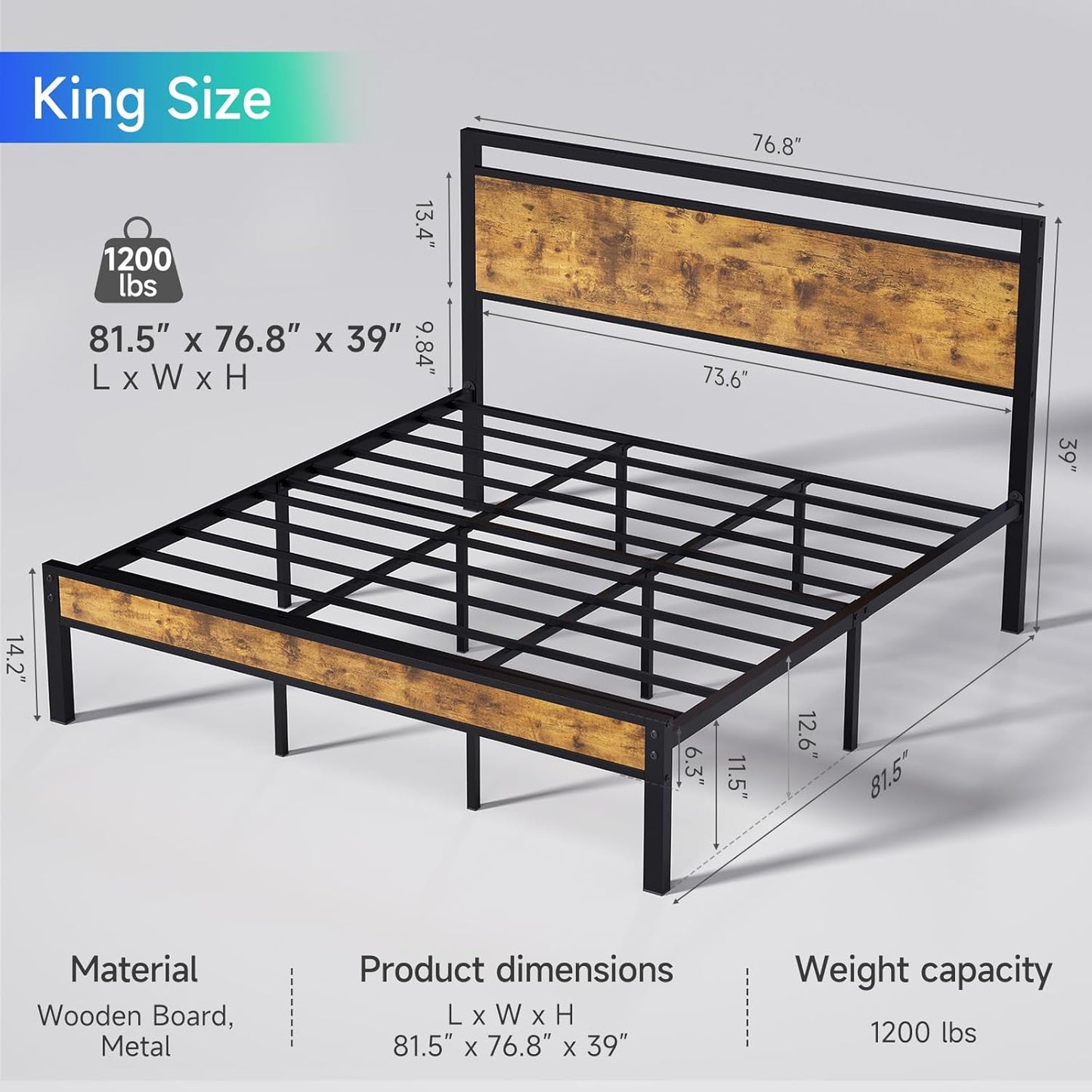 Z-hom Upgraded King Size Bed Frame, Heavy Duty Metal Sturdy King Bed Frame with Modern Wood Headboard & Footboard, Stable Platform Bed Furniture Bed Storage, No Noise, No Box Springs, Vintage Brown