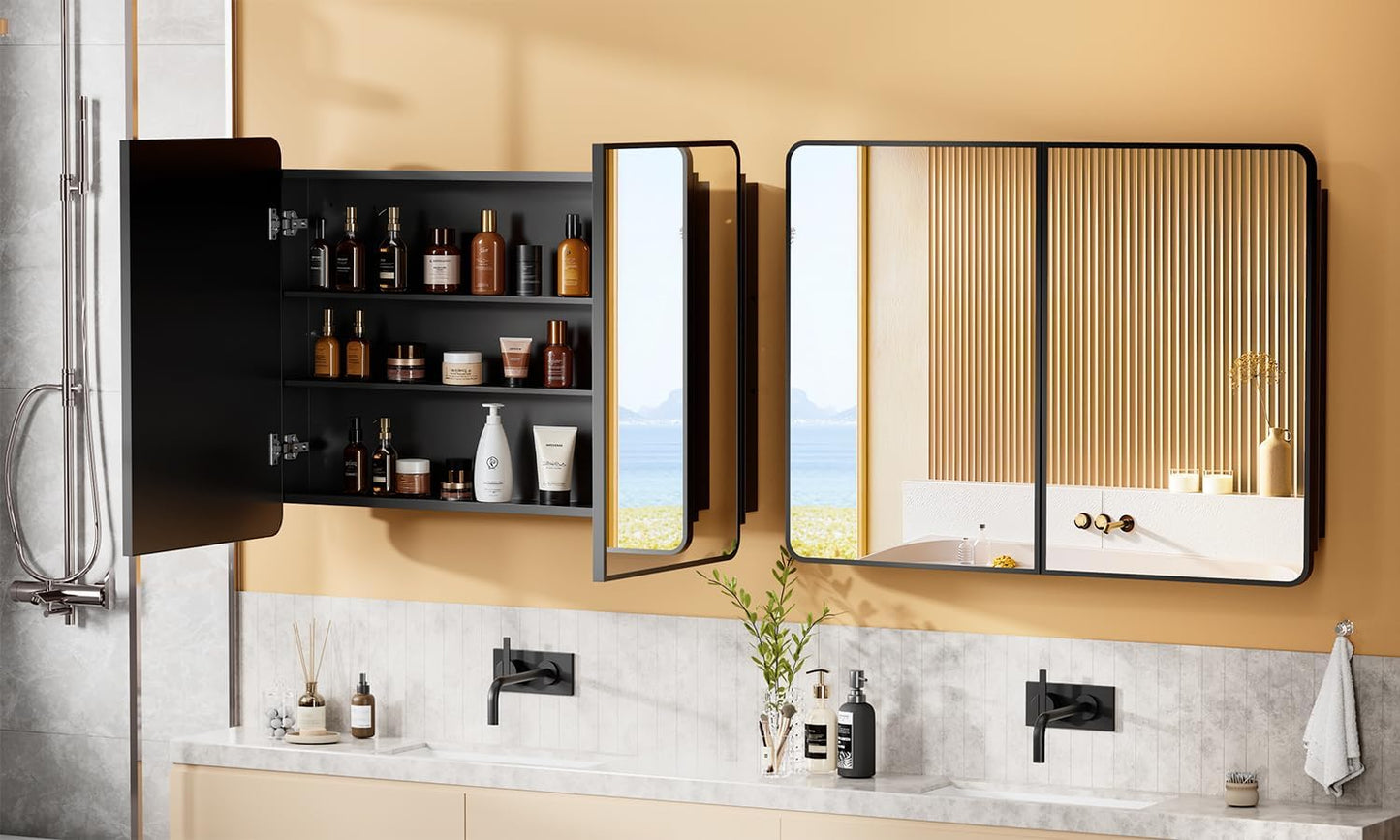 40x30 Inch Black Medicine Cabinet Mirror Metal Framed Recessed Bathroom Medicine Cabinets with Mirror and Storage Wall Mounted