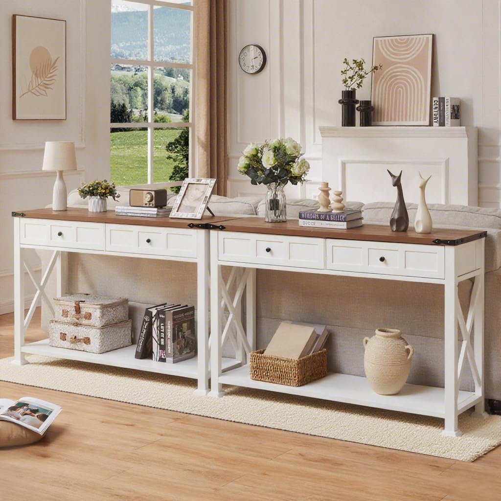 HOMBAZAAR Entryway Table,Rustic Console Table with 2 Drawers, Industrial Console Tables with Storage for Entryway, Hallway, Living Room,White,47 Inch