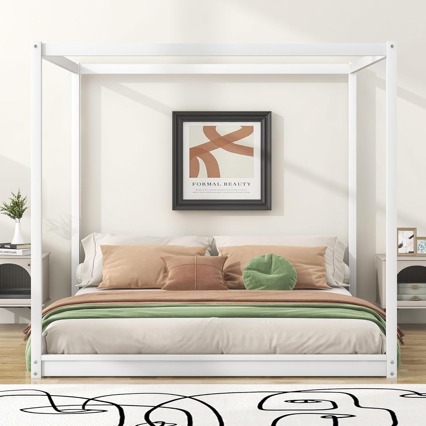 King Size Canopy Platform Bed with Support Legs,Solid Wood Bed Frame,4-Post Canopy-Platform-Bed for Kids Teens Adults, No Box Spring Needed,White