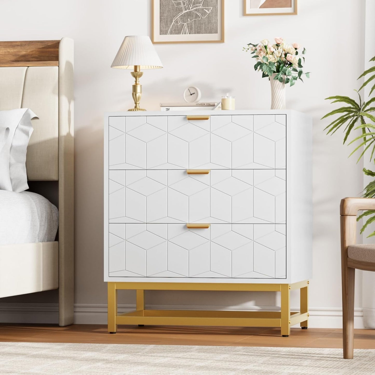 GAOMON 3 Drawer Dresser, Wood Chest Drawers with Storage for Closet, Bedroom, Drawers Dresser Modern Bedside Nightstand with Gold Handles, White