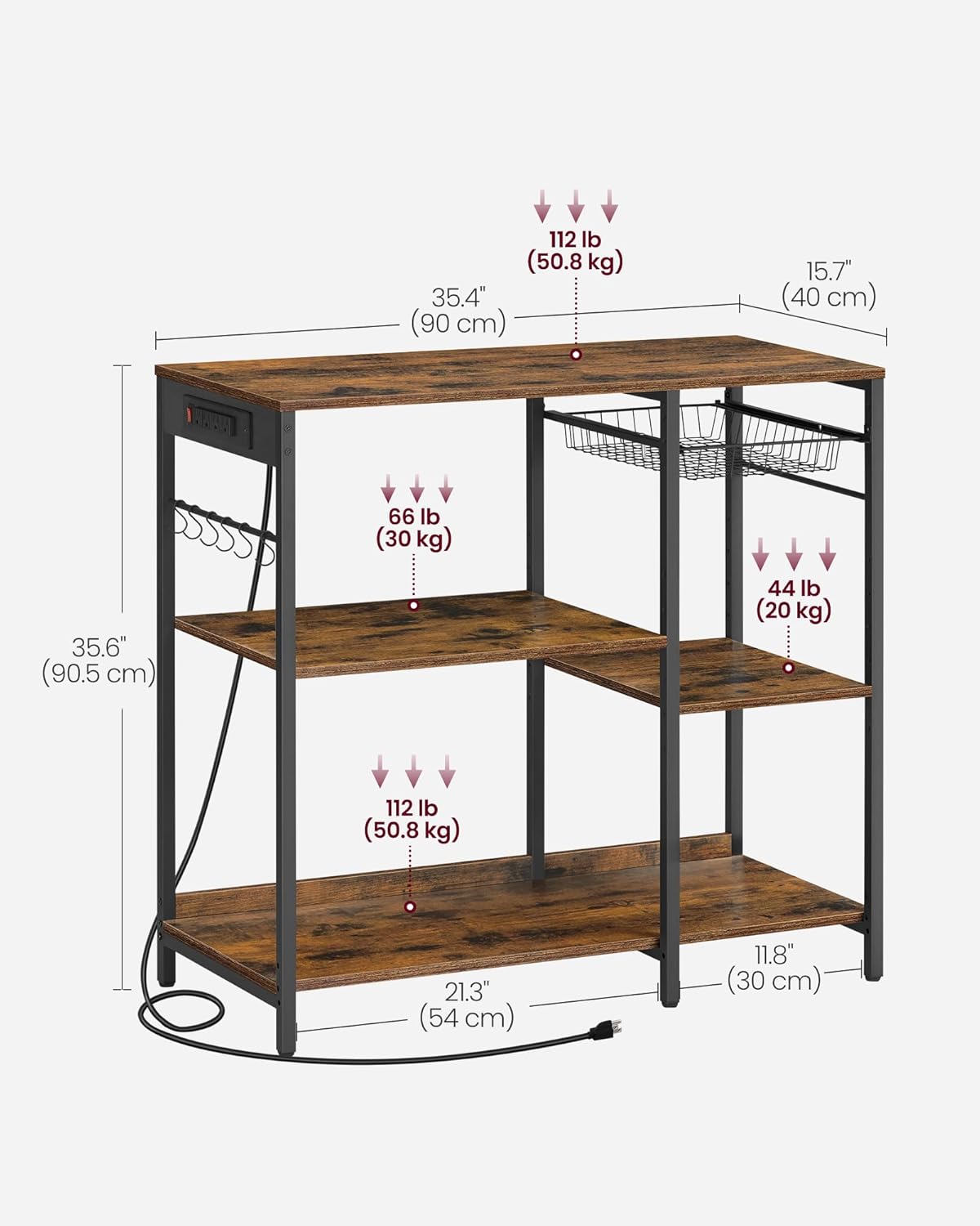 VASAGLE Baker's Rack, Coffee Bar Stand with Charging Station, Storage Shelves, Pull-Out Wire Basket, Table for Microwave, Kitchen, Rustic Brown UKKS036K01, 15.7 x 35.4 x 35.6 Inches
