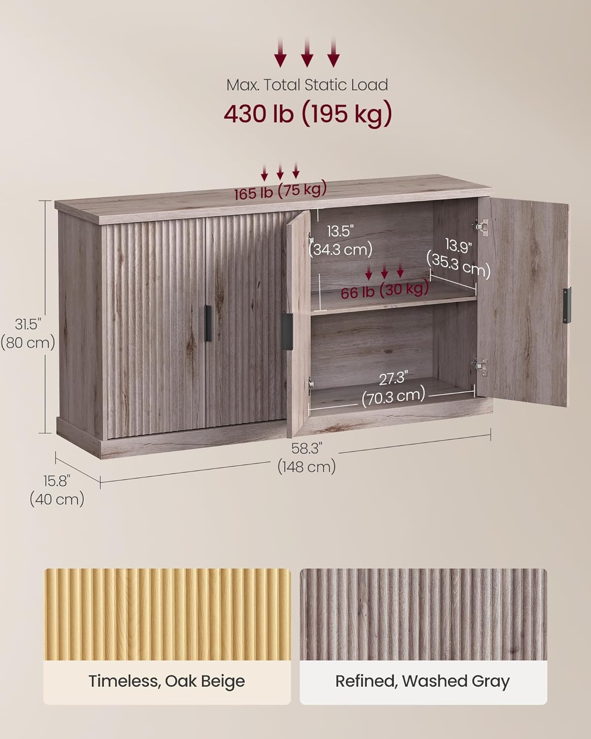 VASAGLE MAXE Collection - Buffet Cabinet, Console Cabinet, Sideboard with Adjustable Shelves, Fluted Doors, Transitional, Kitchen Pantry, Washed Gray UBBK382G01S