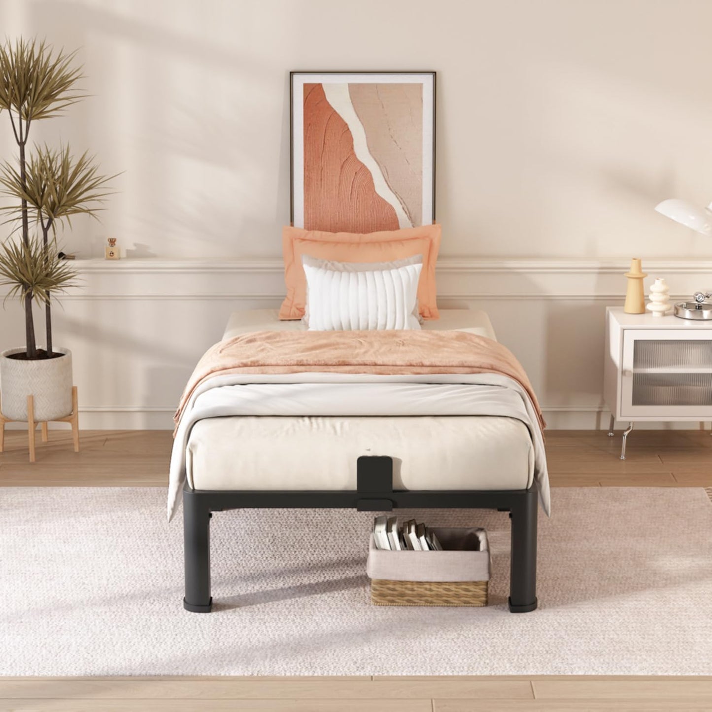 FUIOBYVV 12 Inch Twin XL Bed Frame with Rounded Corner and Headboard Hole Mattress Retainers 3500 LBS Metal Heavy Duty Steel Slats Support No Box Spring Needed Platform Noise Free Easy Assembly