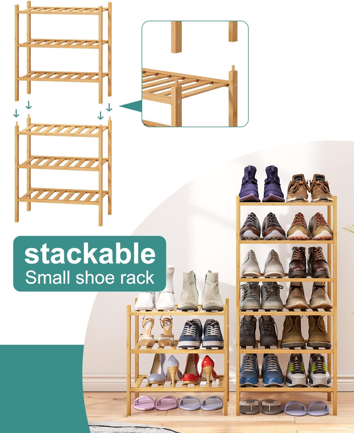 Small Shoe Rack, 3-Tier Shoe Rack for Entryway, Bamboo Wood Shoe Shelf for Closet & Hallway, Long 17.2IN | Beautiful | Functional | Sturdy | Durable