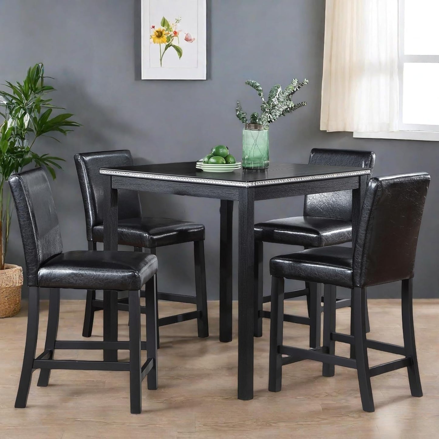 Dining Table Set for 4, 5-Piece Dining Room Table Set with Square Crystal Decoration Table & 4 Upholstered Backrest Chairs, Counter Height Kitchen Sets with Wood Grain & Footrest, Black