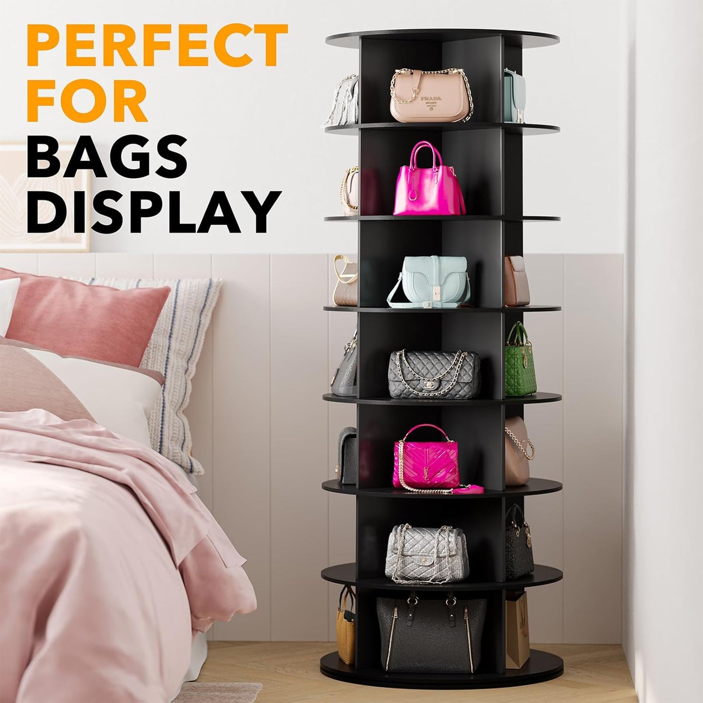 SpaceAid Black 7-Tier Spinning Rotating Shoe Rack Organizer, Shoe Display Tower Lazy Susan, Revolving Shoes Rack StorageOrganization, 360 Vertical Bags Holder Rotate Organizer