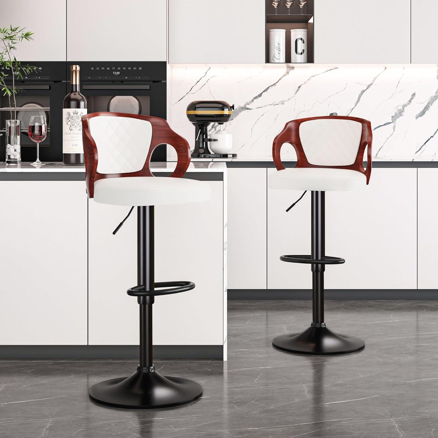 VECELO BarStools Set of 2,Counter Height Stools with Bentwood Back&Arm, Swivel Barstools,PU Leather Kitchen Island Stools, Adjustable Height Bar Chairs for Club Pub Dining Room,Pearl White
