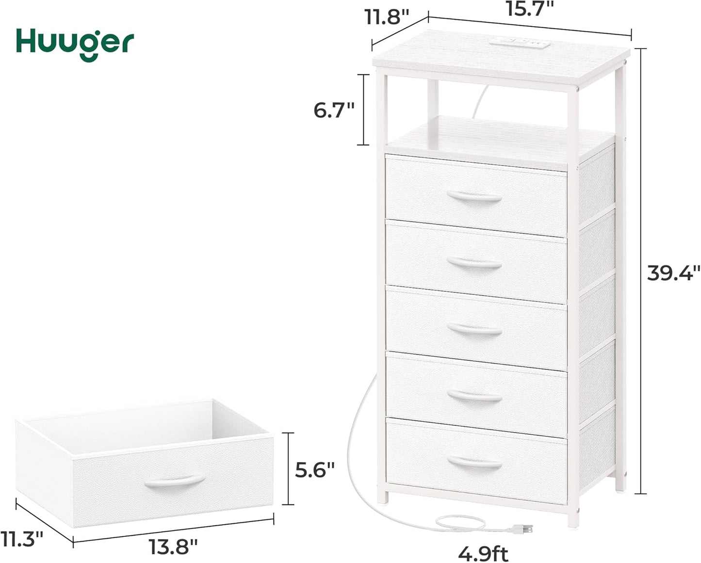 Huuger White Dresser with 5 Drawers & Charging Station, Tall Dresser for Bedroom, Tall Night Stand with PU Leather Finish, Open Shelf, Nightstand for Bedroom, Closet, Hallway, Entryway