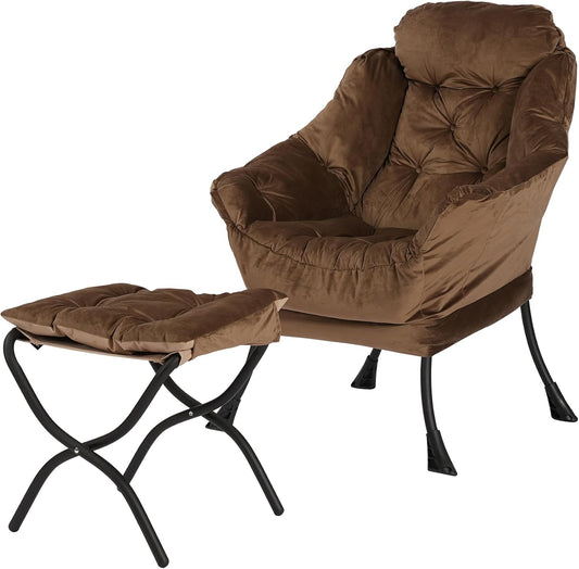 Lazy Chair with Folding Ottoman,Living Room Chairs, Accent Contemporary Lounge Chair, Single Steel Frame Leisure Sofa Chair with Armrests and A Side Pocket (Brown)