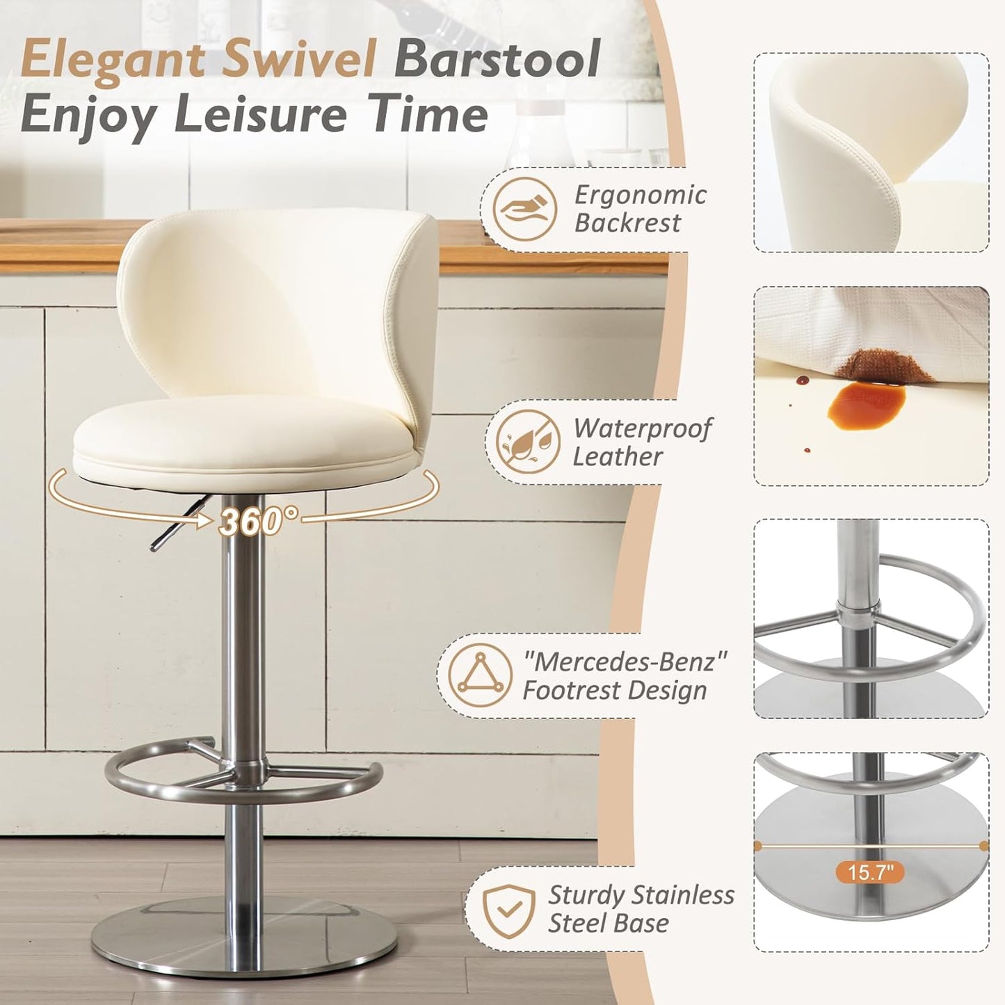 Bar Stools Adjustable Stainless Steel Swivel Barstool with Back and Footrest Leather Upholstered Bar Chairs for Home,Kitchen,Bar, Counter (Beige, 1pc)