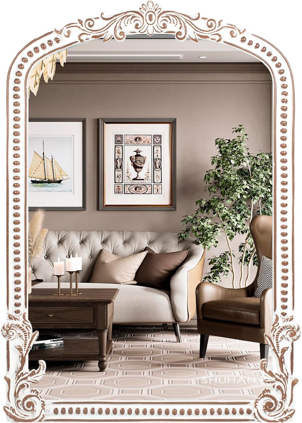 25x35 Inch Baroque Arched Wall Mirror Wooden, Rustic Farmhouse Decorative Mirrors for Fireplace, Entryway, Living Room, Bedroom, Bathroom