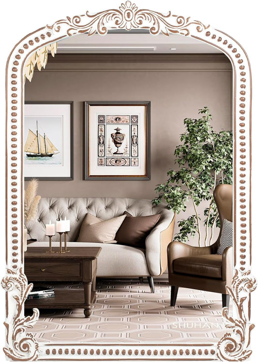 25x35 Inch Baroque Arched Wall Mirror Wooden, Rustic Farmhouse Decorative Mirrors for Fireplace, Entryway, Living Room, Bedroom, Bathroom