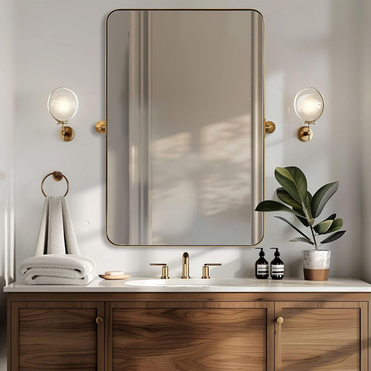 MOON MIRROR 20" x 28" Brushed Gold Metal Framed Pivot Rectangle Bathroom Mirror for Wall, Tilting Rounded Rectangular Vanity Mirror Hangs Vertical only