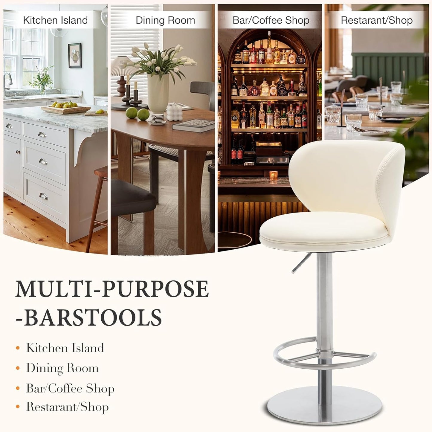 Bar Stools Adjustable Stainless Steel Swivel Barstool with Back and Footrest Leather Upholstered Bar Chairs for Home,Kitchen,Bar, Counter (Beige, 1pc)